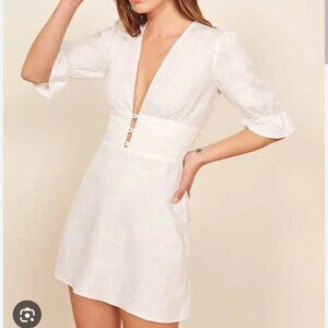 Reformation White V-Neck Mini Dress with Button Detail